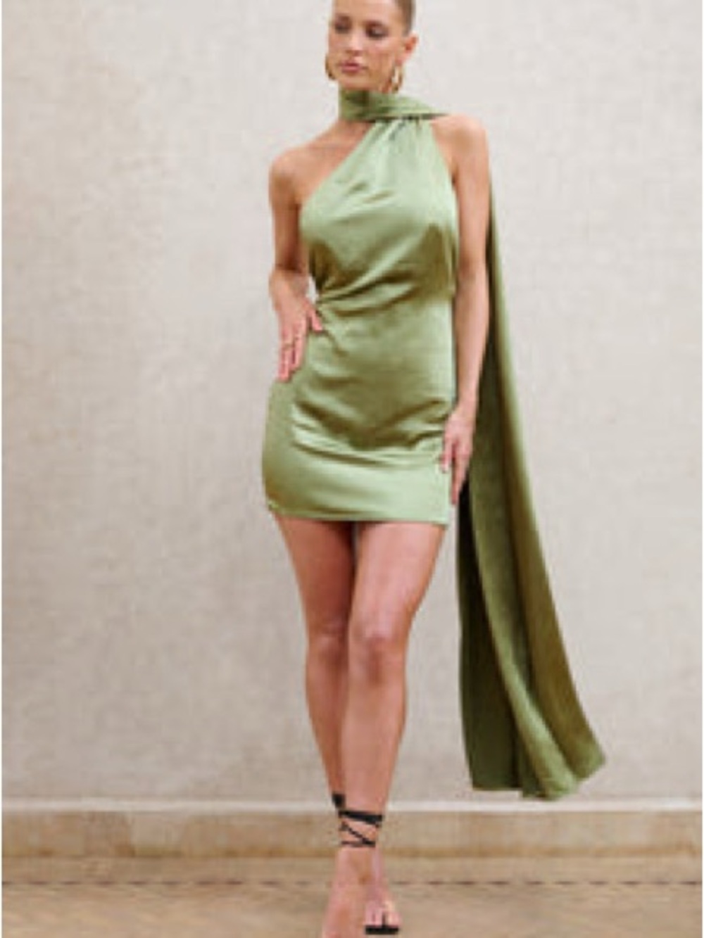 One-Shoulder Olive Green Backless Mini Dress with Draped Neck Scarf fits like 8